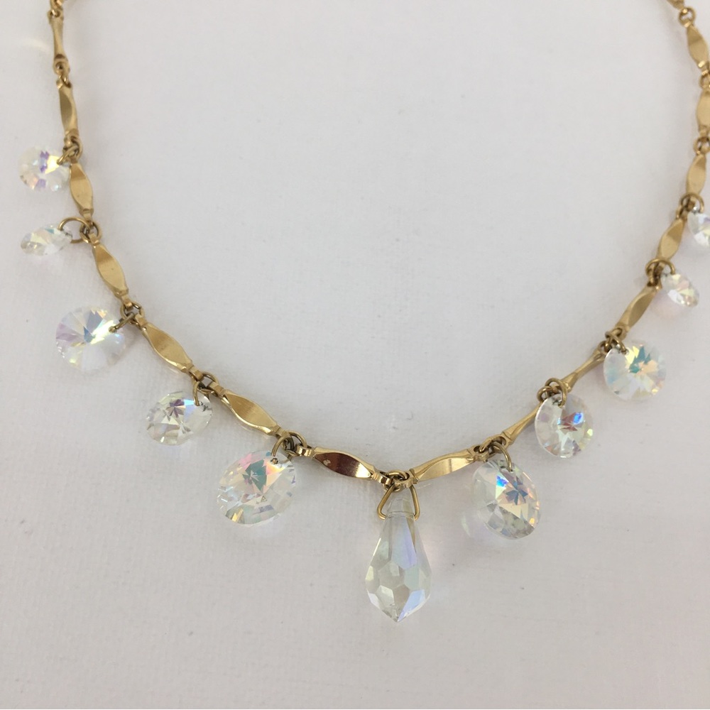 Vintage Sarah Coventry 1960s "Crystal Fire" AB Drop Gold Tone Necklace 16” - Picture 5 of 13